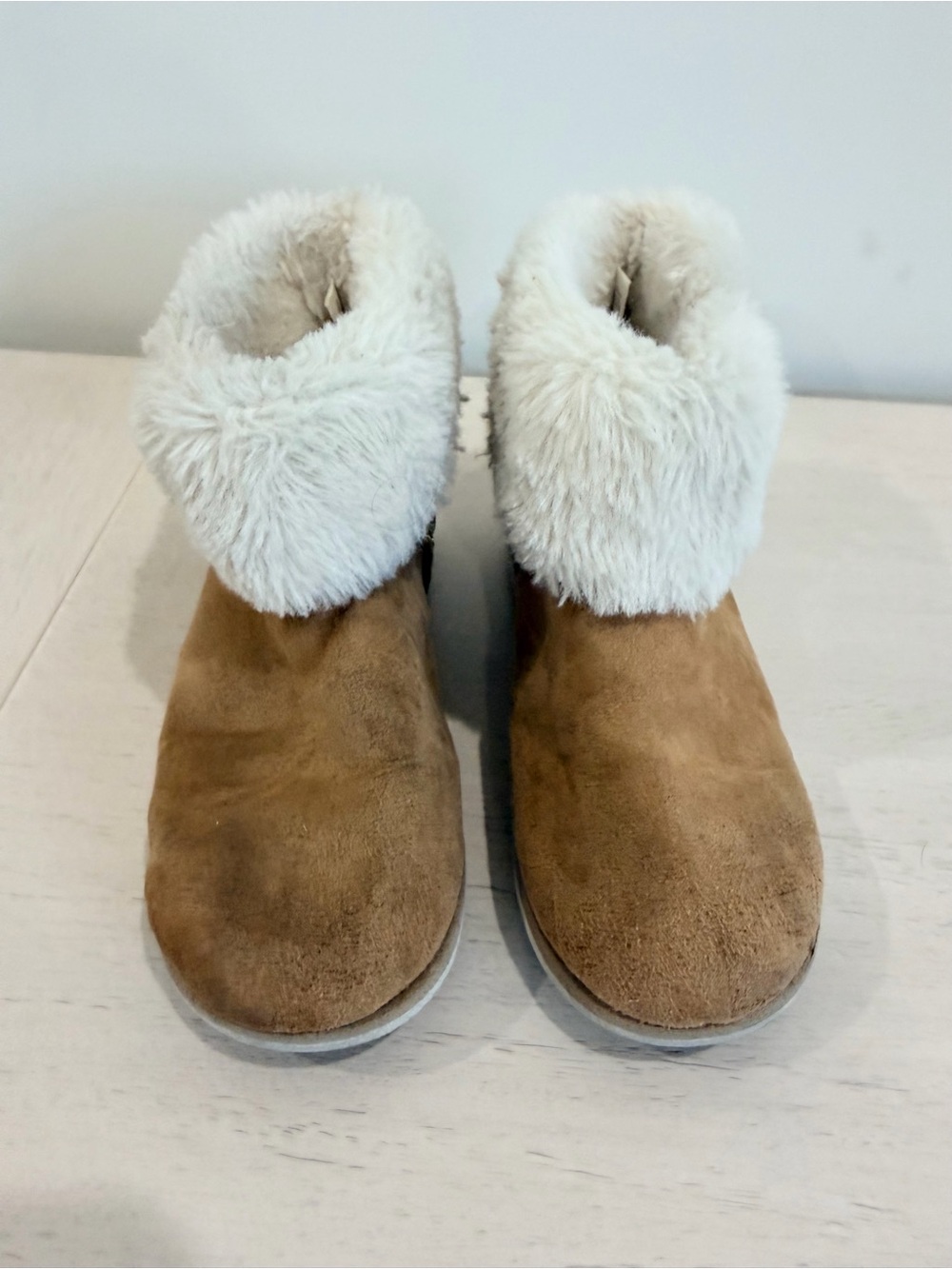 Faux Fur Cuff Suede Ankle Boots - Tan & Cream